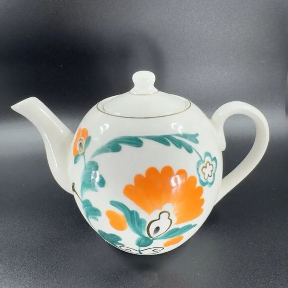 Anthropologie Stoneware‎ Ceramic Teapot Carafe Tea Pot With Green Orange Flowers
